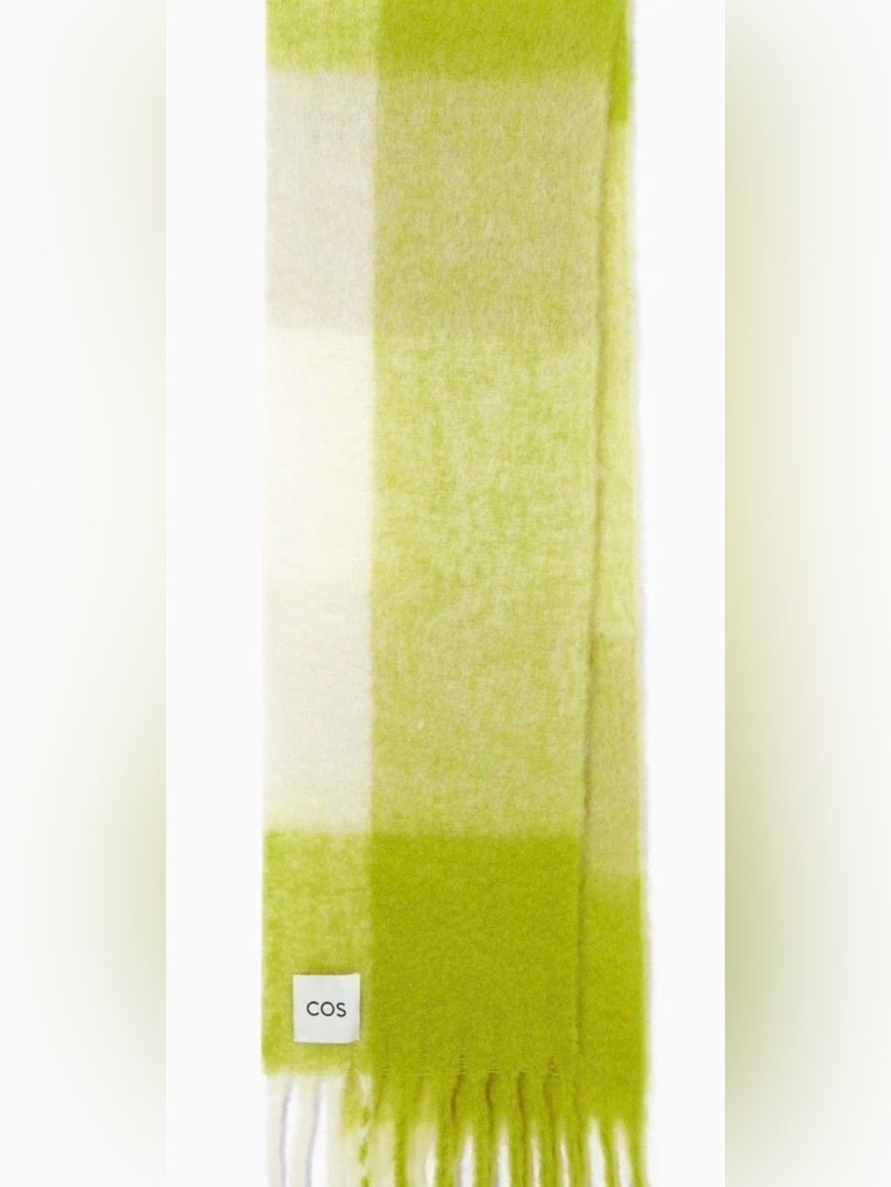 COS Oversized Checkered Mohair Wool Blend Fringed Scarf Chartreuse Green & Cream